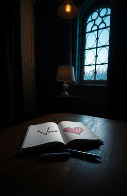 A dark room featuring a tall, slim, fancy window that lets in warm blue light, creating a tranquil atmosphere
