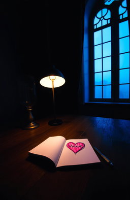 A dark room featuring a tall, slim, fancy window that lets in warm blue light, creating a tranquil atmosphere