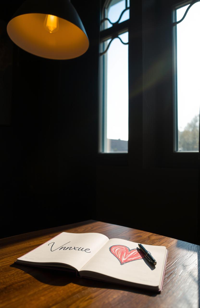 A dark room featuring a tall, slim, fancy window that lets in warm blue light, creating a tranquil atmosphere