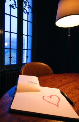 A dark room featuring a tall, slim, fancy window that lets in warm blue light, creating a tranquil atmosphere