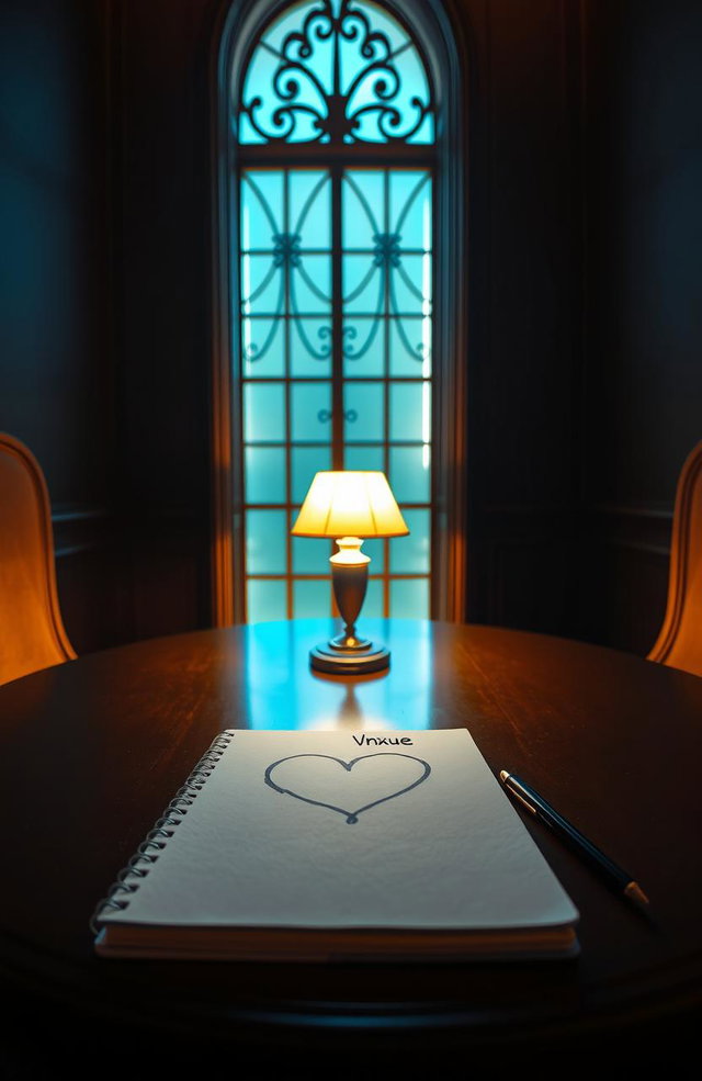 A dark room illuminated by warm blue light coming through a tall, slim, fancy window