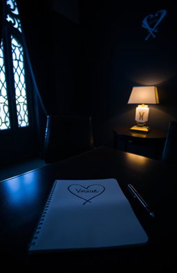 A dark room illuminated by warm blue light coming through a tall, slim, fancy window