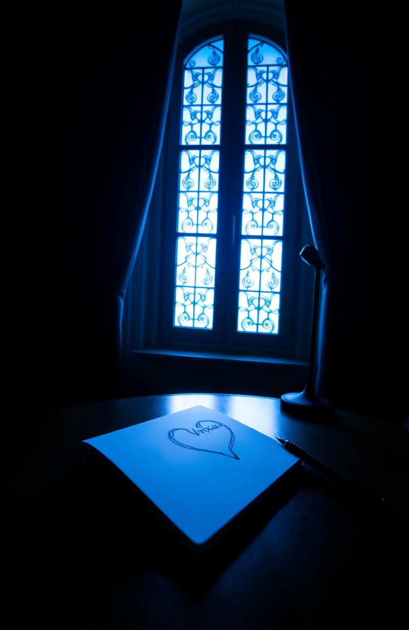 A dark room illuminated by warm blue light coming through a tall, slim, fancy window