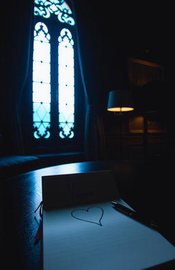 A dark room illuminated by warm blue light coming through a tall, slim, fancy window