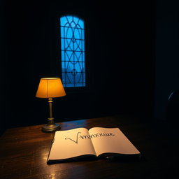 A dark room featuring a tall, slim fancy window with warm blue light streaming in, illuminating a spacious wooden table