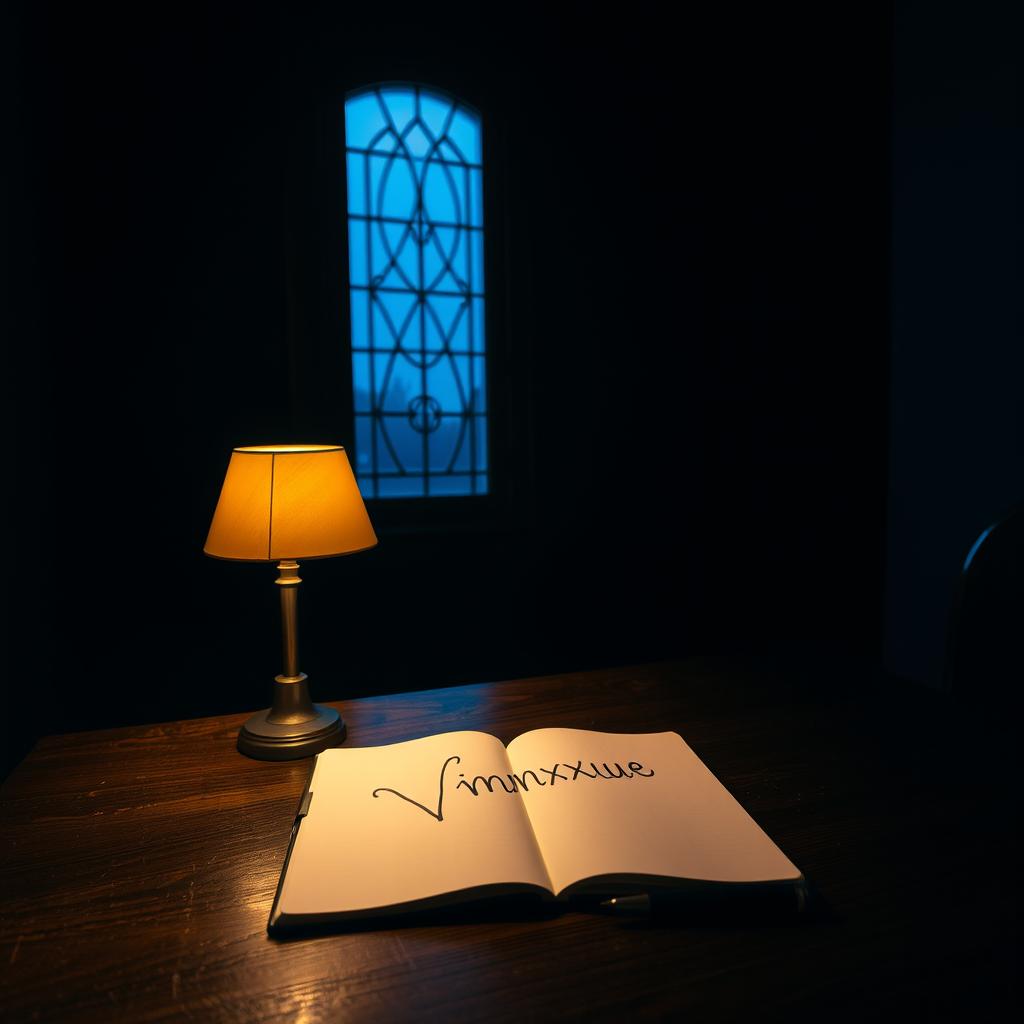 A dark room featuring a tall, slim fancy window with warm blue light streaming in, illuminating a spacious wooden table