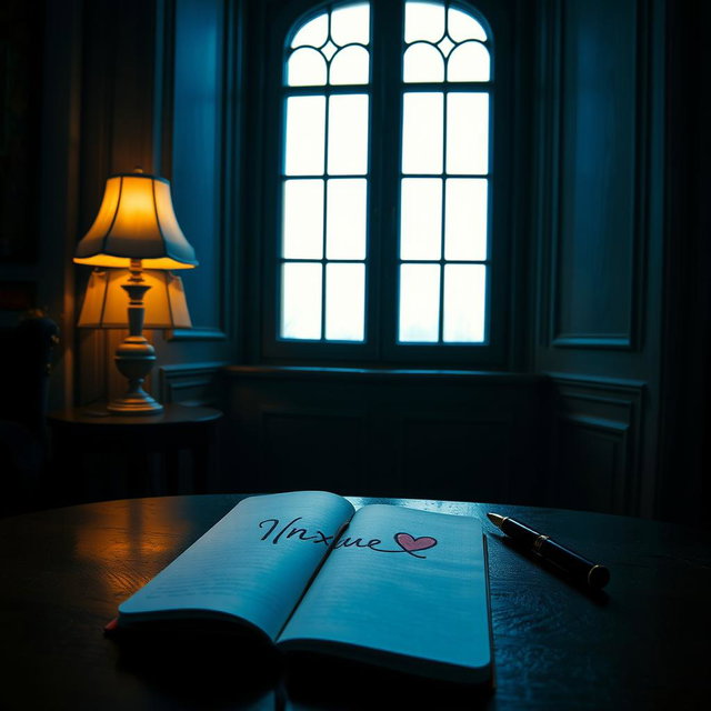 A dark room featuring a tall, slim fancy window with warm blue light streaming in, illuminating a spacious wooden table