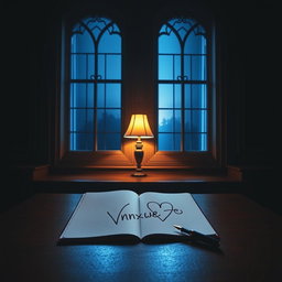 A dark room featuring a tall, slim fancy window with warm blue light streaming in, illuminating a spacious wooden table