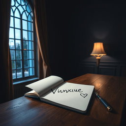 A dark room featuring a tall, slim fancy window with warm blue light streaming in, illuminating a spacious wooden table
