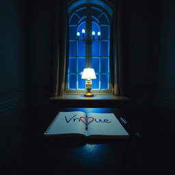 A dark room illuminated by warm blue lighting coming from a tall, slim, fancy window