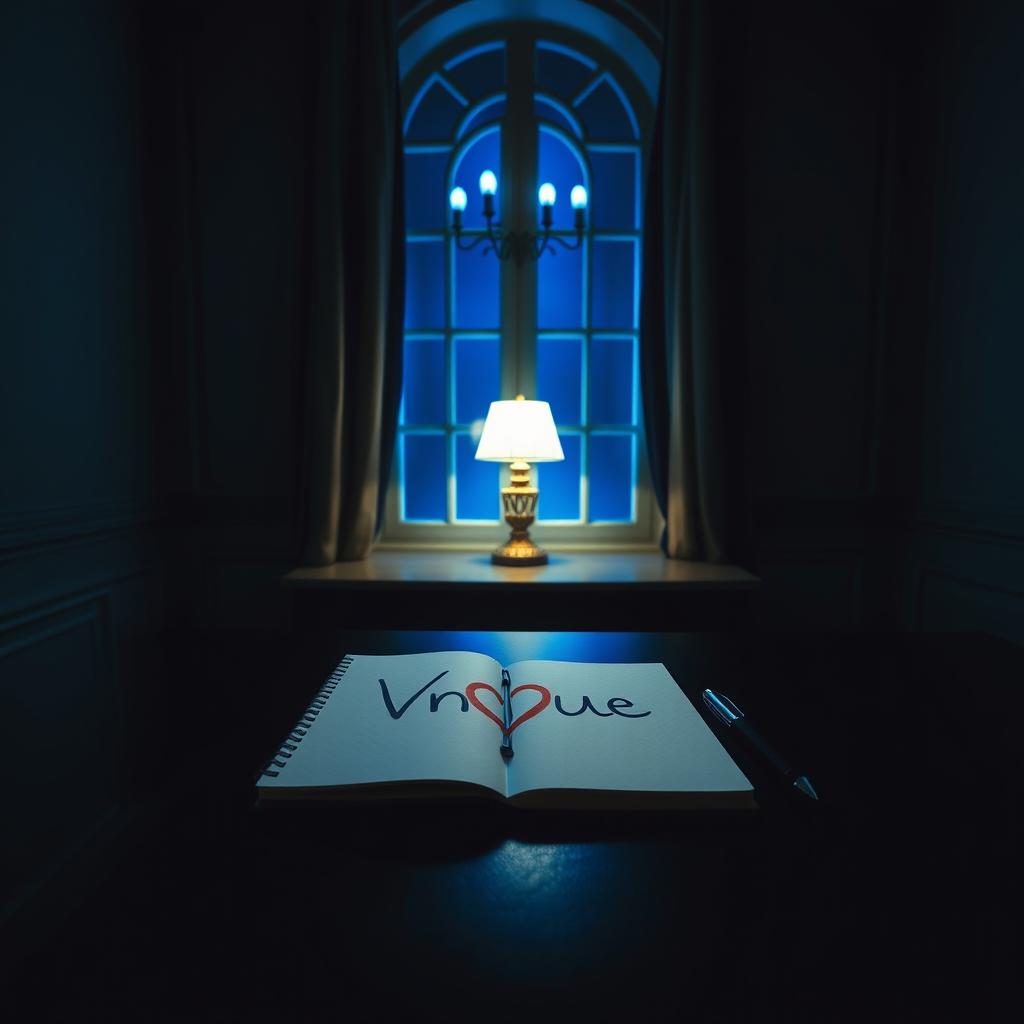 A dark room illuminated by warm blue lighting coming from a tall, slim, fancy window
