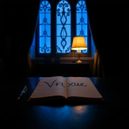A dark room illuminated by warm blue lighting coming from a tall, slim, fancy window