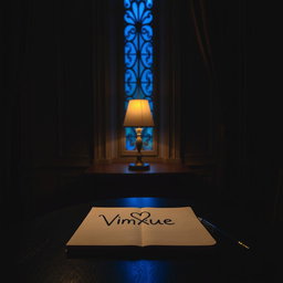 A dark room illuminated by warm blue lighting coming from a tall, slim, fancy window