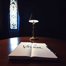A dark room illuminated by warm blue lighting coming from a tall, slim, fancy window