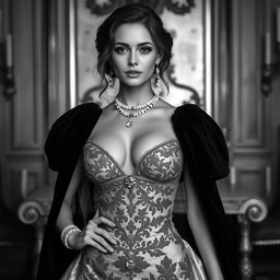 A Baltic Duchess exuding royal sophistication and youthful beauty, captured in an elegant black and white portrait