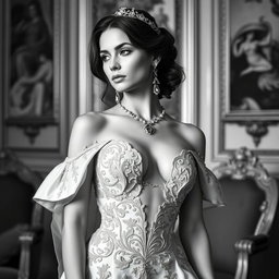 A Baltic Duchess exuding royal sophistication and youthful beauty, captured in an elegant black and white portrait