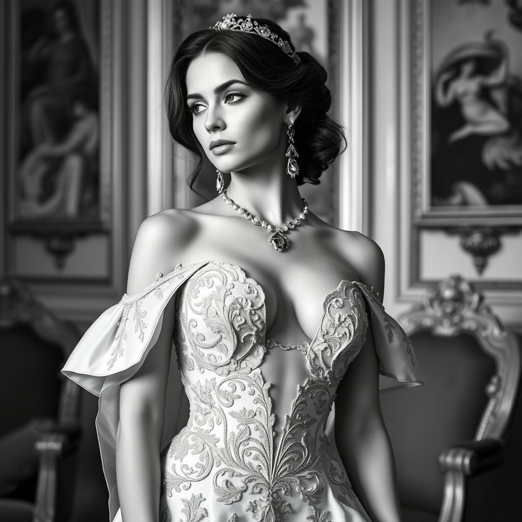 A Baltic Duchess exuding royal sophistication and youthful beauty, captured in an elegant black and white portrait