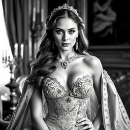 A Baltic Duchess exuding royal sophistication and youthful beauty, captured in an elegant black and white portrait