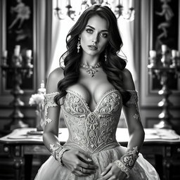 A Baltic Duchess exuding royal sophistication and youthful beauty, captured in an elegant black and white portrait