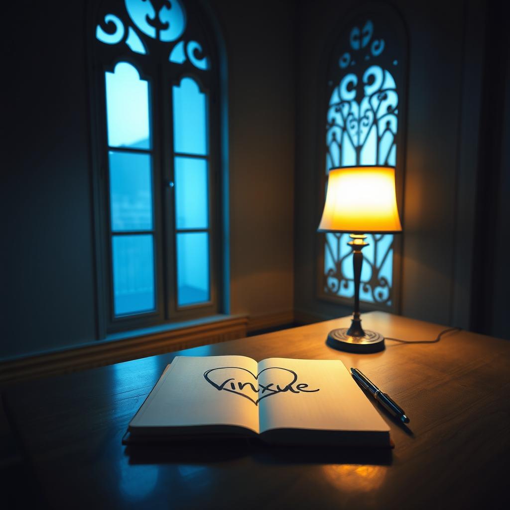 A dimly lit room featuring a tall, slim, fancy window casting warm blue light across the space