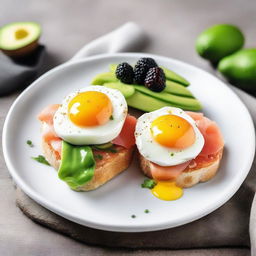 Two poached eggs, resting on a bed of ripe, sliced avocado and smoked salmon, all presented atop a slice of fresh bread. The dish is garnished top with luxurious caviar and served on a white porcelain plate.