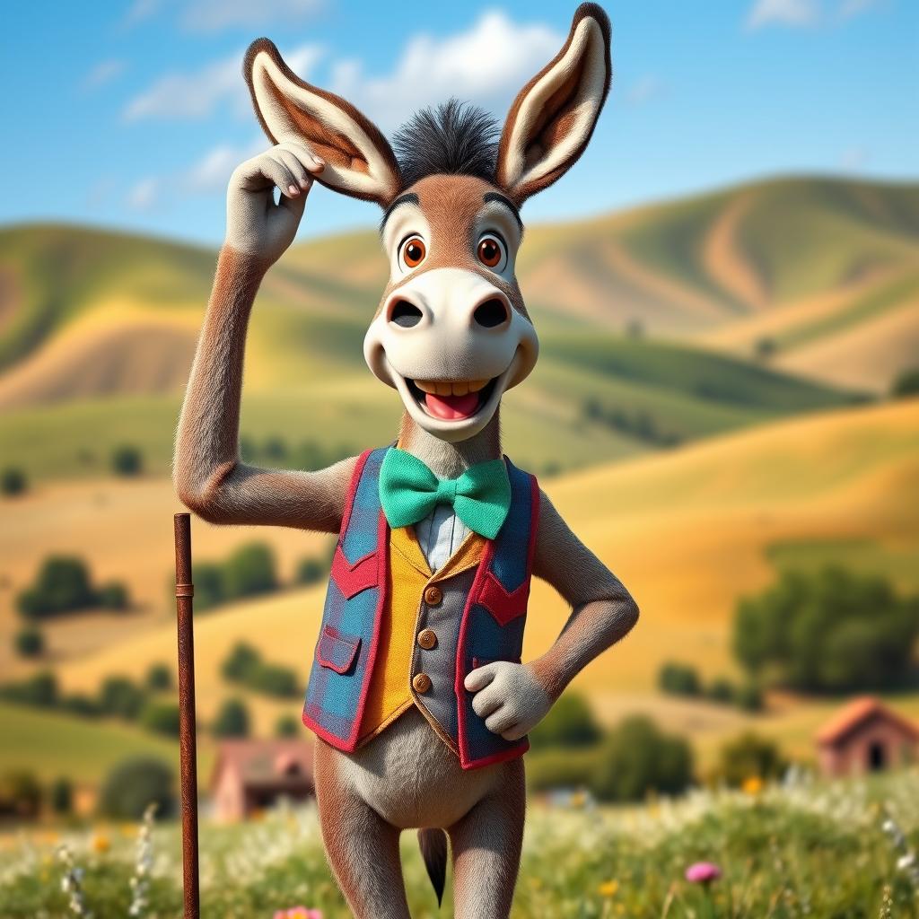 A whimsical anthropomorphic donkey standing upright, wearing a colorful vest and bowtie