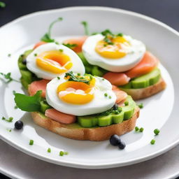 Two poached eggs, resting on a bed of ripe, sliced avocado and smoked salmon, all presented atop a slice of fresh bread. The dish is garnished top with luxurious caviar and served on a white porcelain plate.