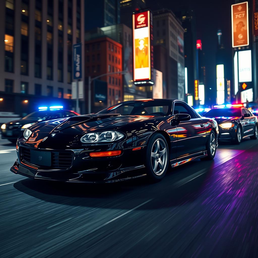 Under the illuminated New York City lights, a 2002 Gloss Black Camaro SS with chrome racing rims, T-tops, red halo headlights, and black ground effects is racing through dark city streets