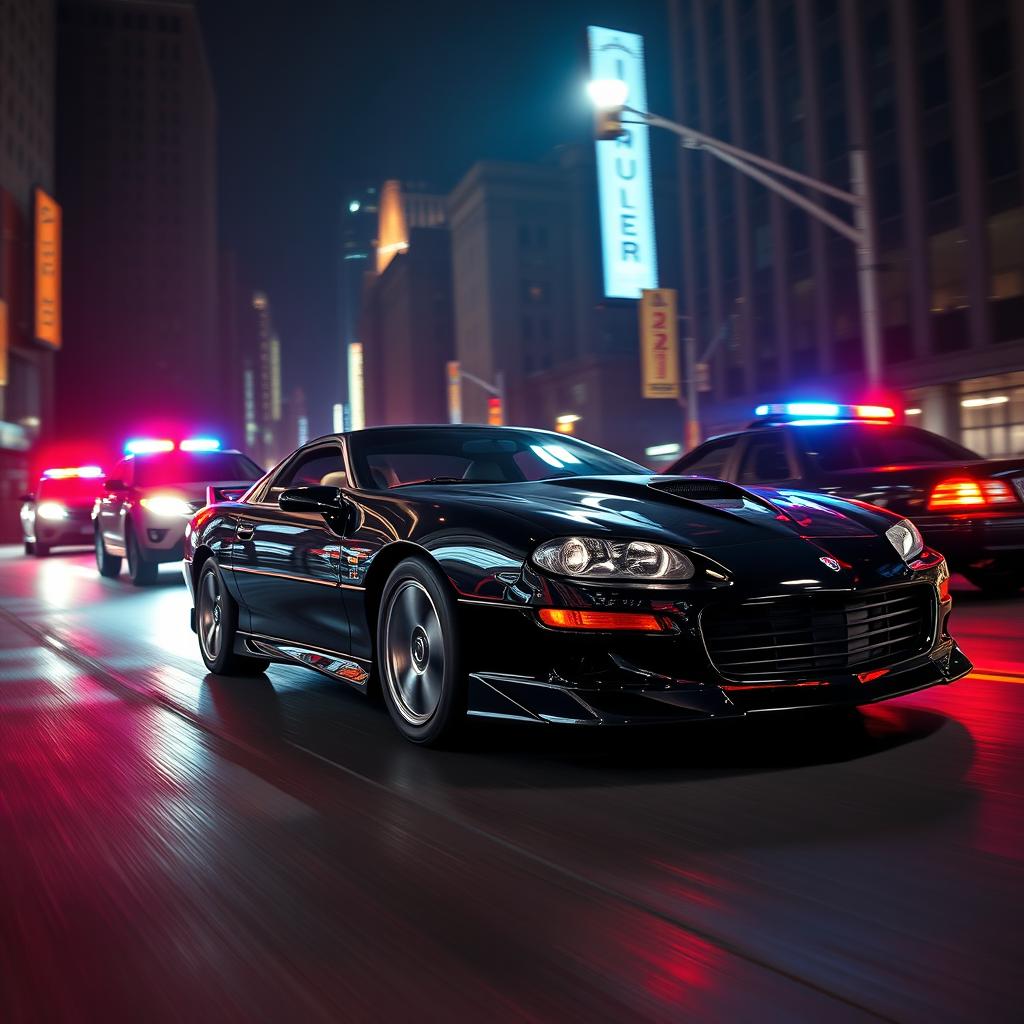 Under the illuminated New York City lights, a 2002 Gloss black Camaro SS with chrome racing rims, t-tops, red halo headlights, and black ground effects is racing through dark city streets