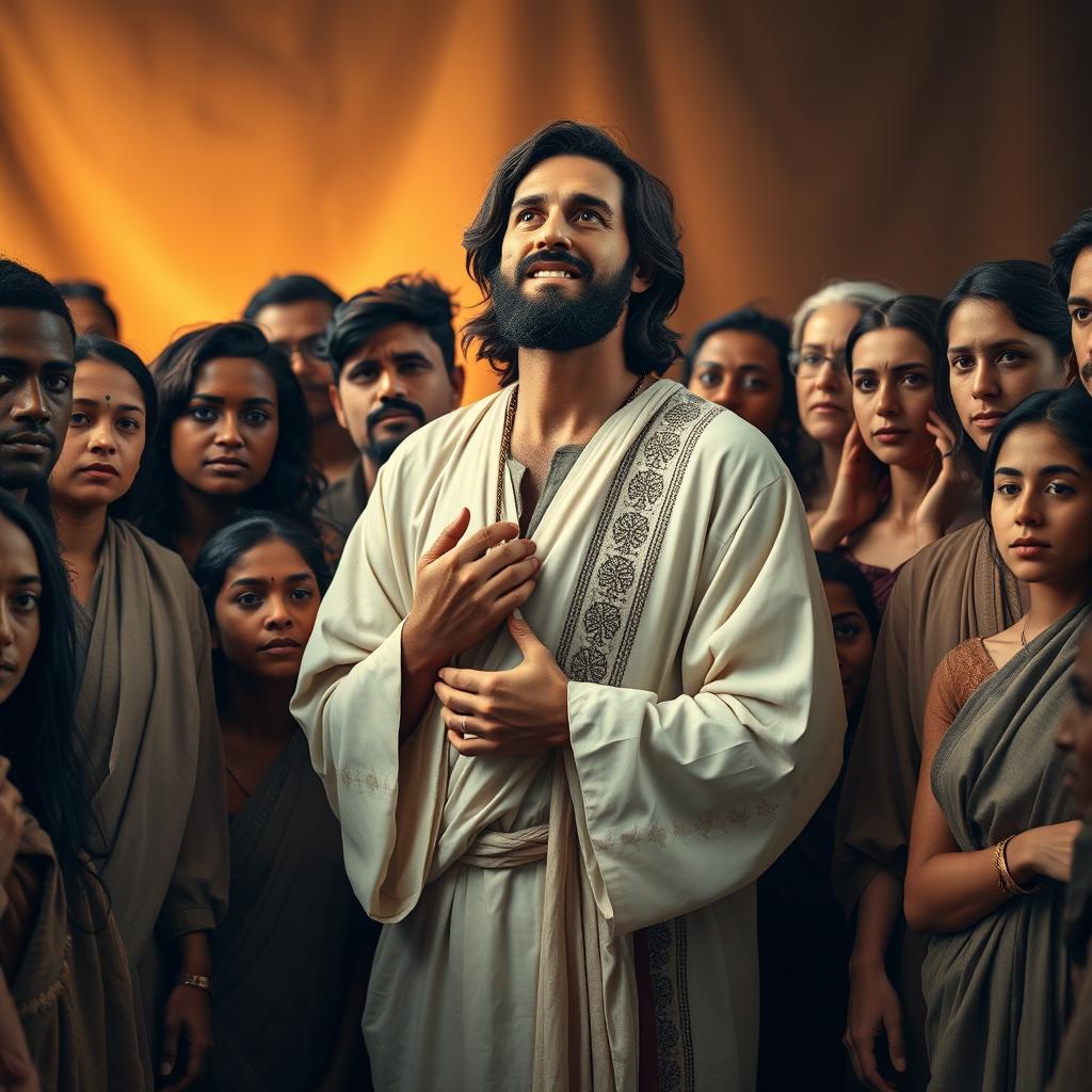 A dramatic, high-contrast cinematic photograph of Jesus Christ standing at the center, surrounded by a diverse group of people of various ages, genders, and ethnicities