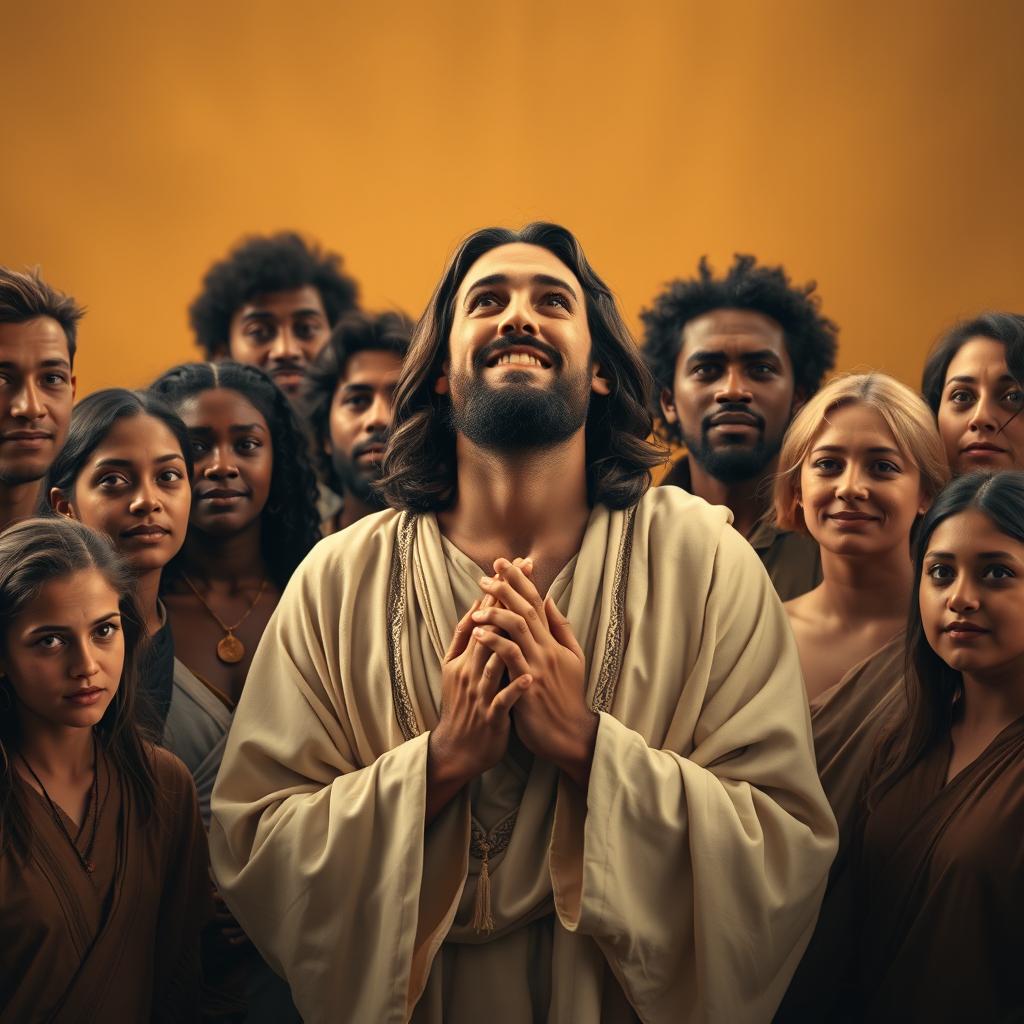 A dramatic, high-contrast cinematic photograph of Jesus Christ standing at the center, surrounded by a diverse group of individuals of varying ages, genders, and ethnicities, each showcasing unique facial features, skin tones, and expressions