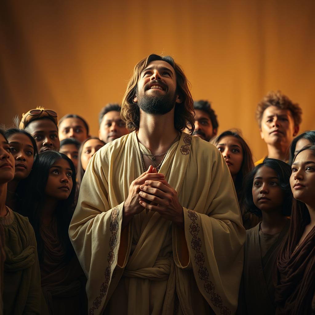 A dramatic, high-contrast cinematic photograph featuring Jesus Christ at the center, surrounded by a diverse group of people of different ages, genders, and ethnicities, each with unique facial features, skin tones, and expressions