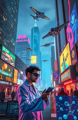 A futuristic cityscape at night, illuminated by vibrant neon lights, with towering skyscrapers made of glass and steel