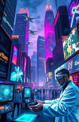 A futuristic cityscape at night, illuminated by vibrant neon lights, with towering skyscrapers made of glass and steel
