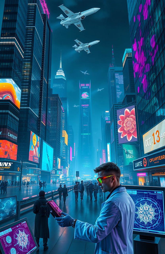 A futuristic cityscape at night, illuminated by vibrant neon lights, with towering skyscrapers made of glass and steel