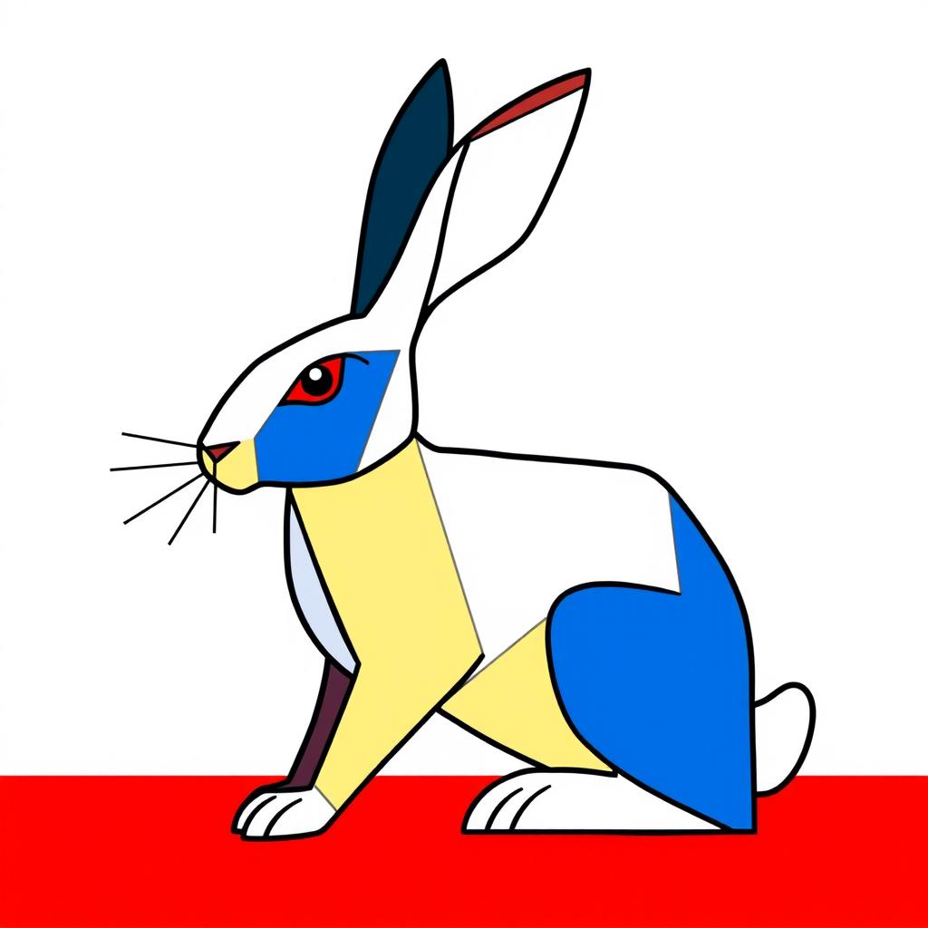 A geometric design of a rabbit inspired by the artistic style of Piet Mondrian and Theo van Doesburg, showcasing bold primary colors like red, blue, and yellow, along with black lines creating a structured, abstract representation