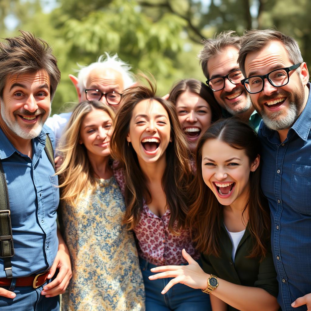 A lively group of six people consisting of three older male brothers with goofy expressions, showcasing their silly and lighthearted personalities
