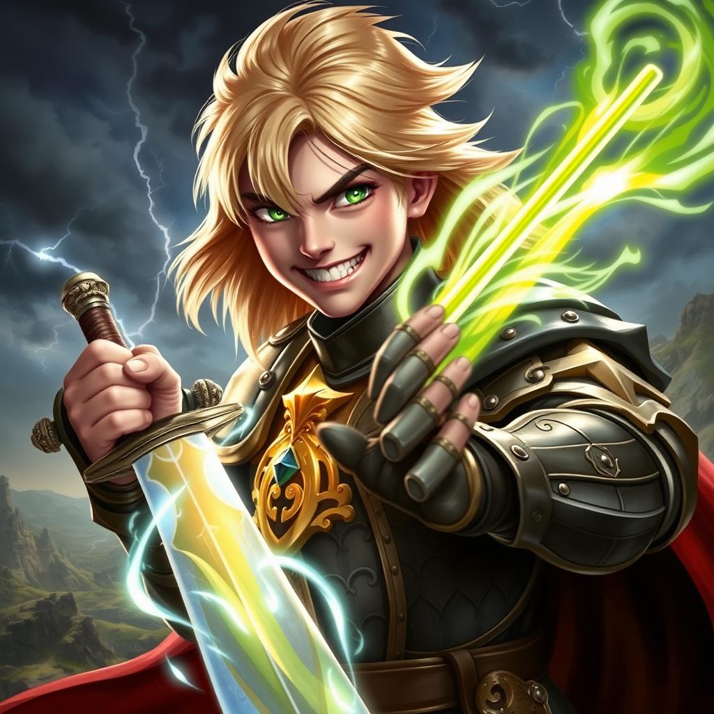 A noble young lord, with medium long blond hair and striking green eyes, grinning maniacally