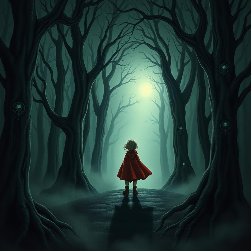A dark and mystical forest with tall, twisted trees and dry branches curving inward, forming a natural tunnel