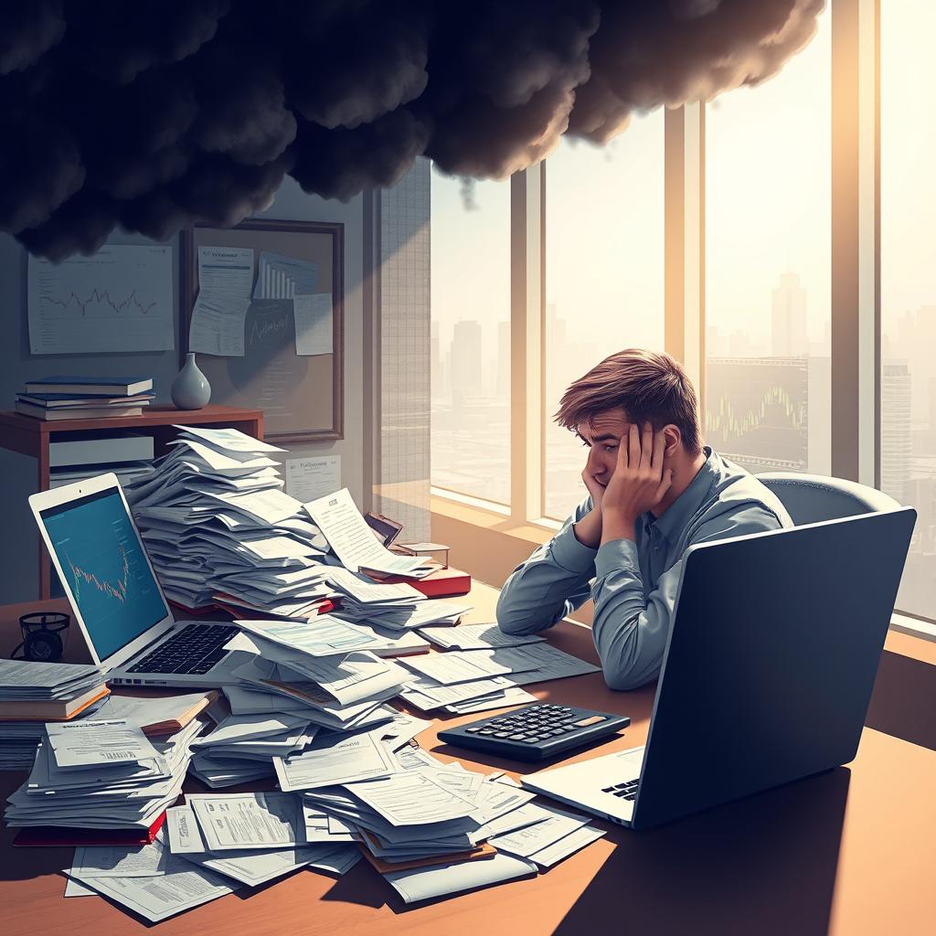 A visually striking representation of financial worries, featuring a person looking stressed at a desk cluttered with bills, paperwork, and financial statements
