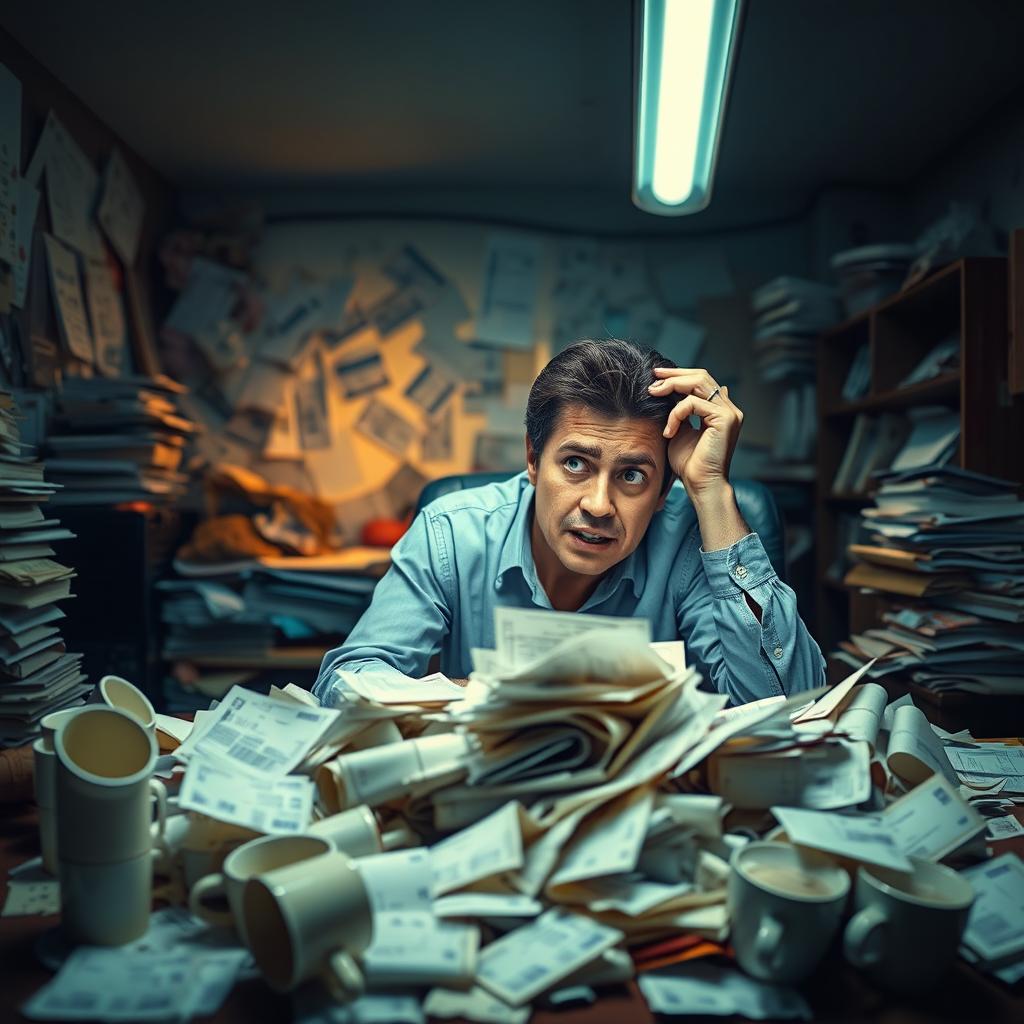 A vibrant scene depicting the concept of financial struggle, featuring a person sitting at a cluttered desk overflowing with bills and receipts, looking stressed and contemplative