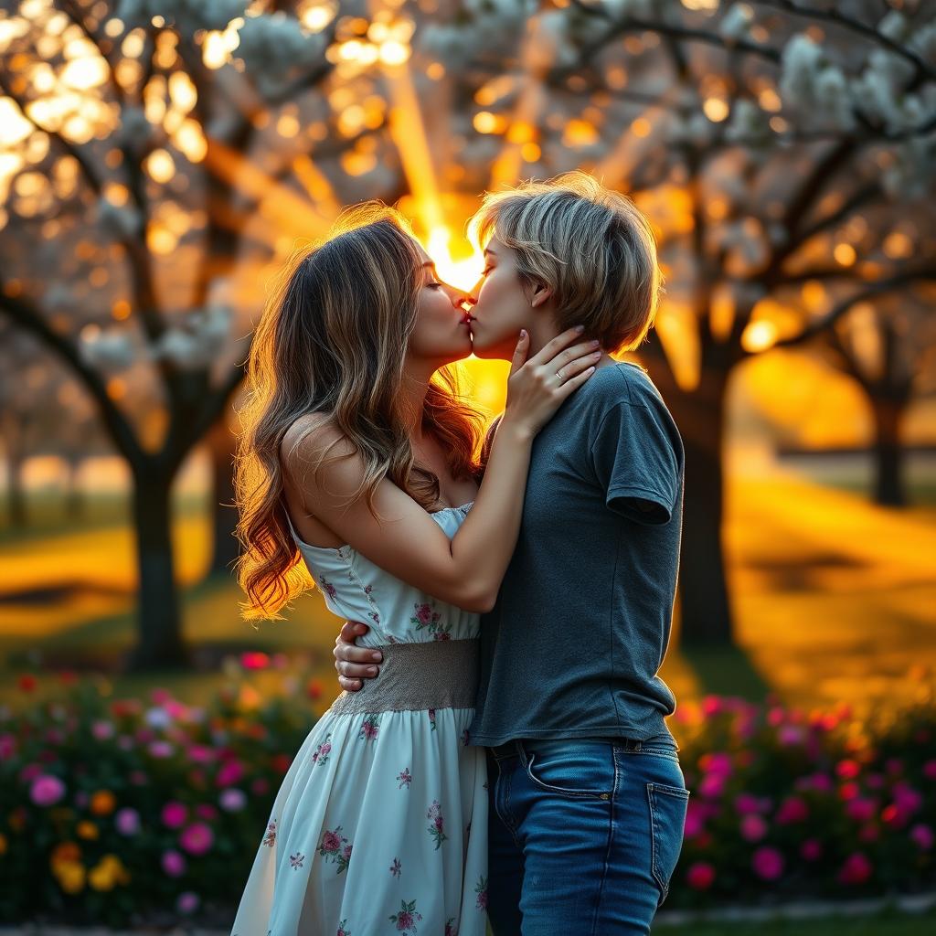 A romantic scene featuring two beautiful women passionately kissing in a softly lit park during sunset