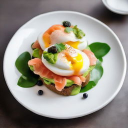 Two poached eggs, resting on a bed of ripe, sliced avocado and smoked salmon, all presented atop a slice of fresh bread. The dish is garnished top with luxurious caviar and served on a white porcelain plate.