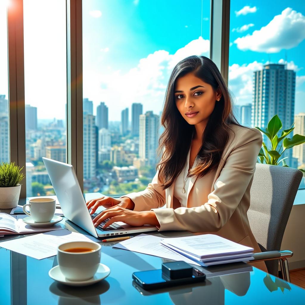 A modern office setting in India featuring a professional young Indian woman sitting at a desk, typing on a laptop with documents scattered around her