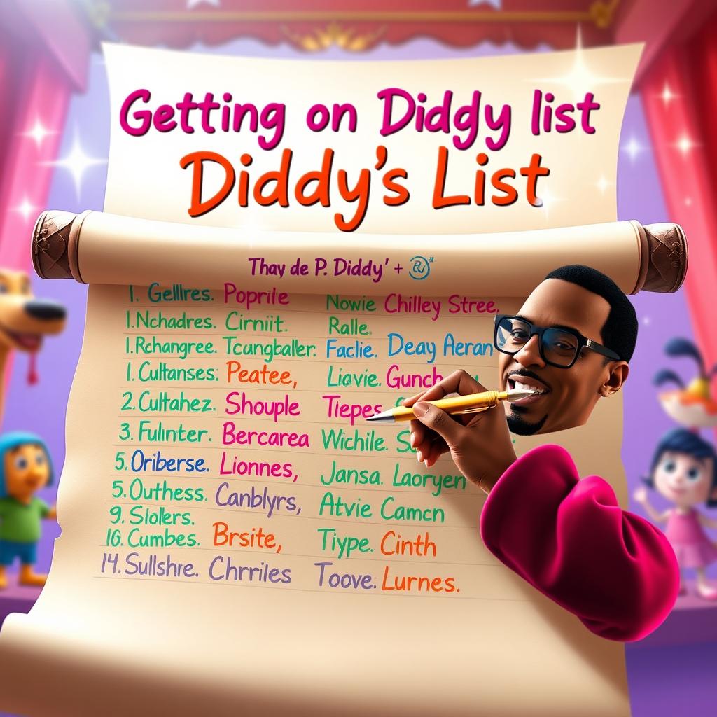 A vibrant and imaginative scene featuring a large, whimsical scroll-like list adorned with multiple people's names in colorful writing