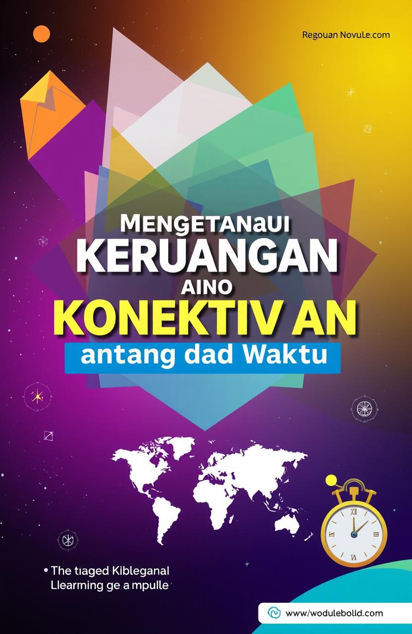 A vibrant and engaging cover design for an educational module titled 'Mengetahui Keruangan dan Konektivitas antar Ruang dan Waktu'