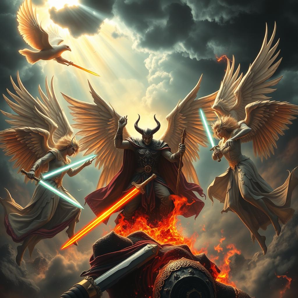 An epic battle scene featuring Lucifer as the leader of fallen angels, who are depicted as majestic and powerful beings with glowing wings and regal attire, confronting Satanas, who is portrayed as a dark, menacing figure with horns and a fiery aura