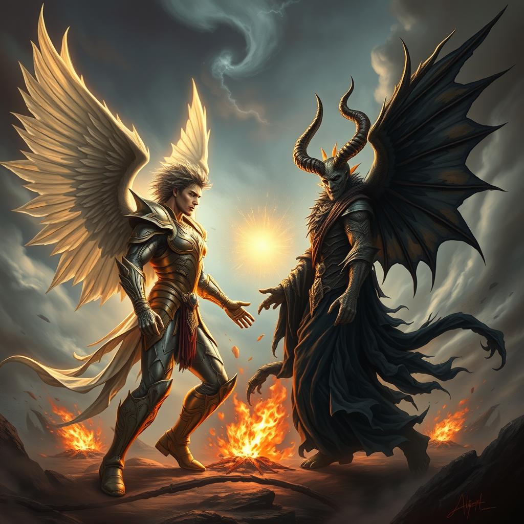 A dramatic confrontation scene between Lucifer and Satanas, showcasing their contrasting forms and characteristics