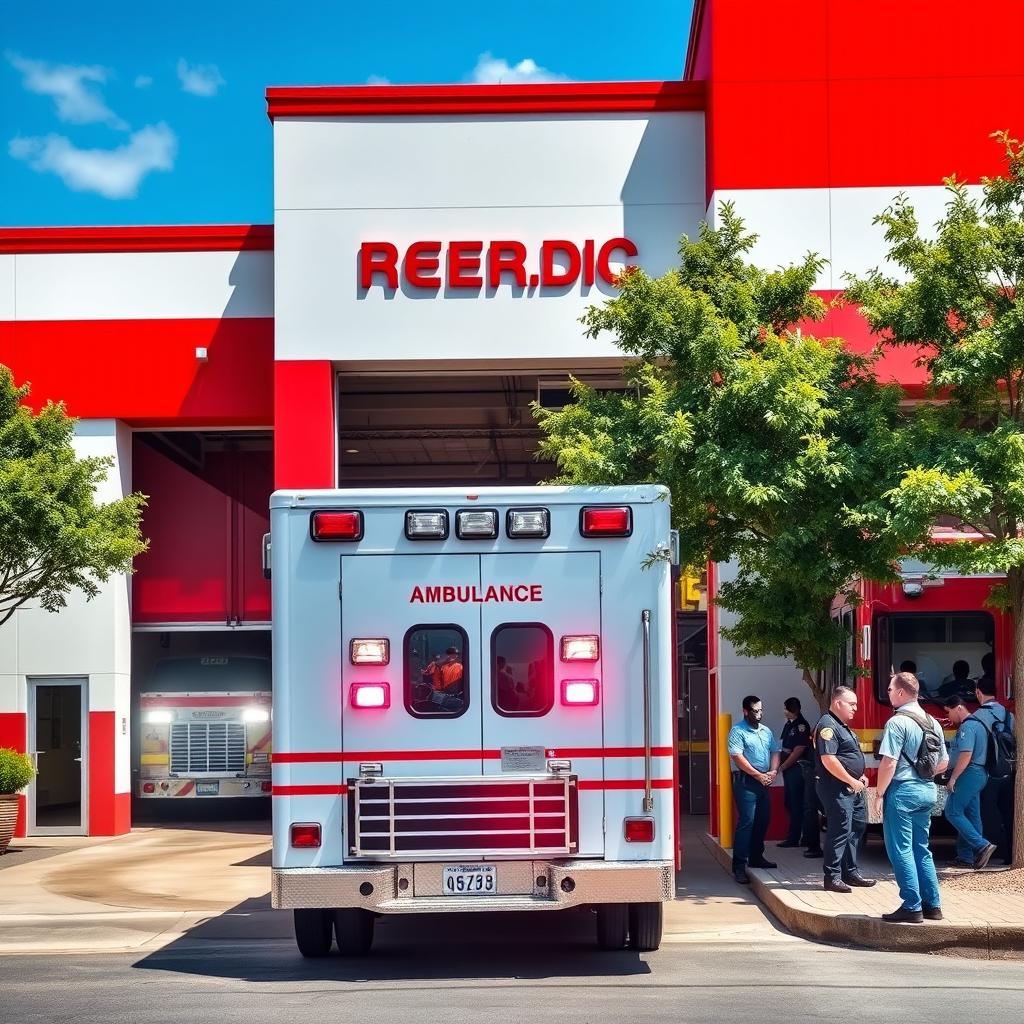 A vibrant photo capturing a fire department building with bright red and white colors, featuring an open bay door showcasing a shiny ambulance parked outside