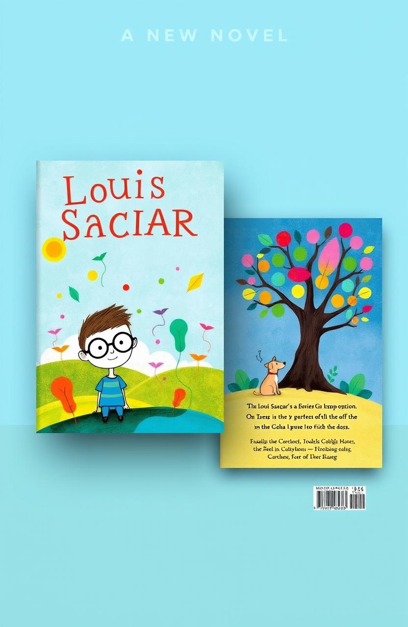 A whimsical and colorful book cover design for a new novel by Louis Sachar, featuring abstract illustrations that evoke a sense of curiosity and adventure